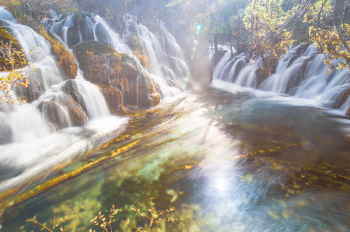Amazing view of sparking water among in autumn season Jiuzhaigou nature (Jiuzhai Valley National Park), China.