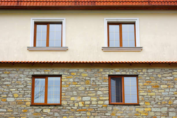 istock Fragment of wall with windows, separeted by material. 1326735361