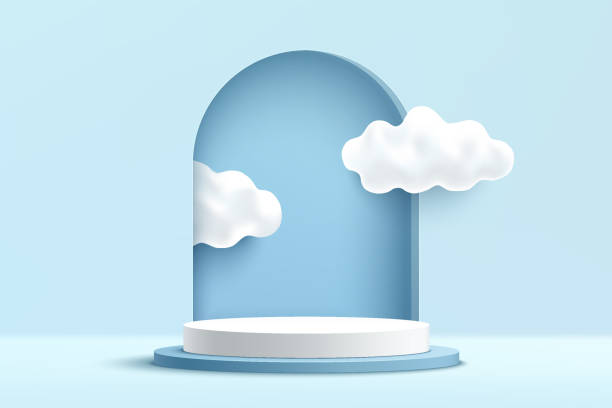 istock Abstract 3D light blue and white cylinder pedestal podium with clouds inside the window on the wall. Pastel blue minimal scene. Modern vector rendering geometric platform for product presentation. 1326739871