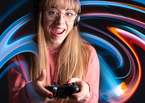 istock girl wearing virtual reality glasses, distorted background 1326741574