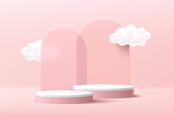 istock Abstract 3D pink, white cylinder pedestal podium with cloud sky and arch glass geometric backdrop. Pastel pink minimal scene. Vector rendering geometric platform for product display presentation. 1326742548