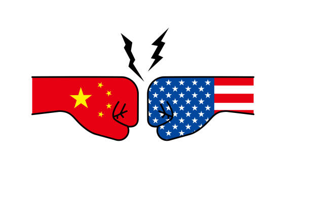 Conflict between US and China, business war Conflict between US and China, business war dueling stock illustrations