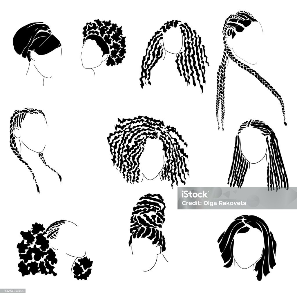 Set von Frauen stilvolle Frisuren für afroamerikanische Frauen, verschiedene Arten von Frisuren für grobe lockiges Haar - Lizenzfrei Frauen Vektorgrafik Set von Frauen stilvolle Frisuren für afroamerikanische Frauen, verschiedene Arten von Frisuren für grobe lockiges Haar - Lizenzfrei Frauen Vektorgrafik