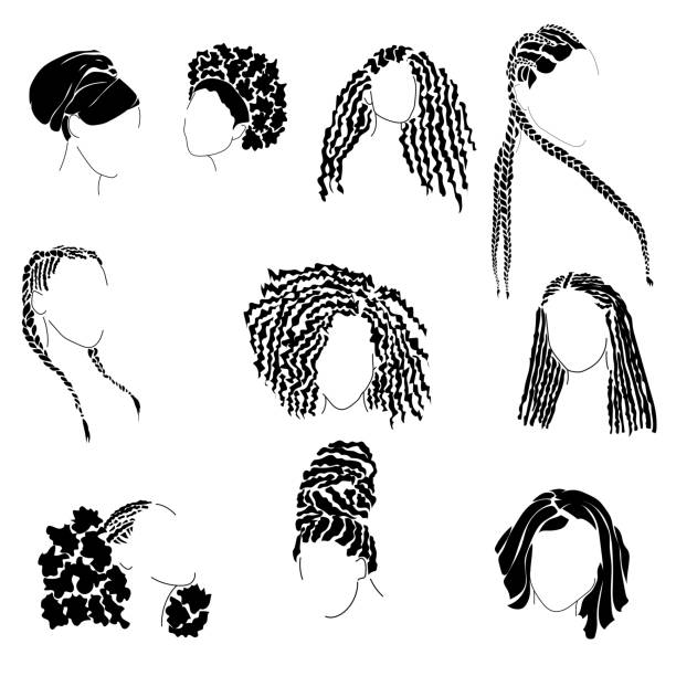 ilustraciones, imágenes clip art, dibujos animados e iconos de stock de conjunto de peinados elegantes de las mujeres para las mujeres afroamericanas, diferentes tipos de peinados para el pelo rizado grueso - ponytail side view women human head