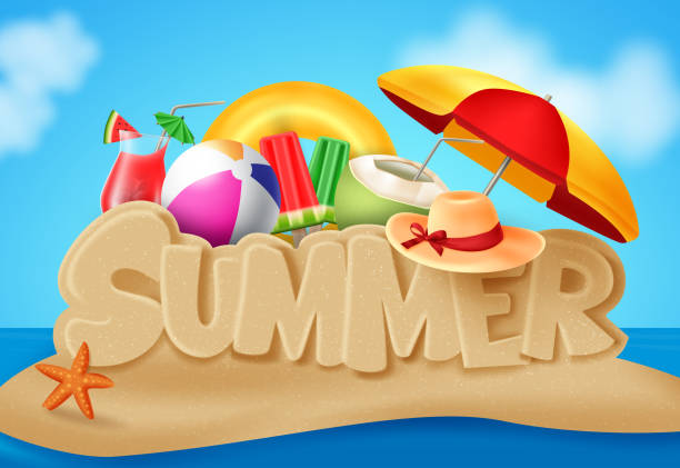 istock Summer beach vector banner design. Summer text in beach sand island typography with summer elements like umbrella, beach ball, hat, juice, coconut, ice cream and starfish in blue sky background. 1326752912
