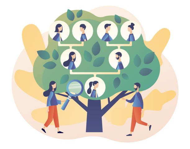 Family tree. Tiny people: grandparents, parents, children. Genealogy. Pedigree. Example of relatives connection data. Modern flat cartoon style. Vector illustration on white background Family tree. Tiny people: grandparents, parents, children. Genealogy. Pedigree. Example of relatives connection data. Modern flat cartoon style. Vector illustration legacy concept stock illustrations