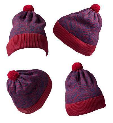 Set of four  knitted red purple  hat isolated on white background.hat with pompon front side view.