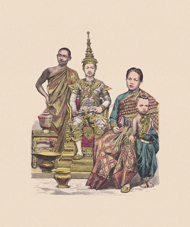 19th century, Asian costumes, Siam (Thailand): Buddhist priest (left). Kling (center). Queen and child (right). Hand colored wood engraving, published ca. 1880.