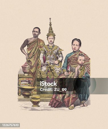 istock 19th century, Asian costumes, Thailand, hand-colored wood engraving, published c.1880 1326757610
