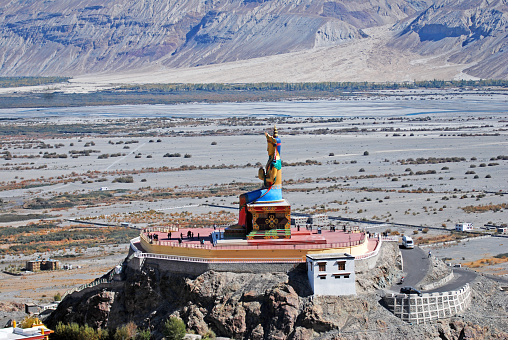 Aerial view of Landscape Ancient Diskit Monastery also known as Deskit Gompa or Diskit Gompa is the oldest and largest Buddhist monastery in the Nubra Valley of Ladakh, India - Religion travel Famous