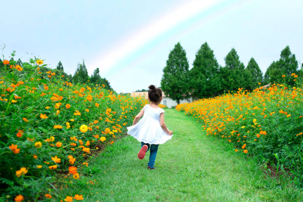 虹に向かって走っている少女 - 子ども　遊び ストックフォトと画像