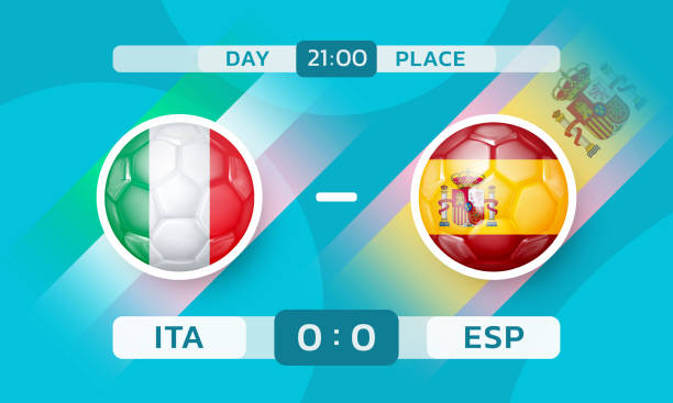 Italy vs Spain match. European Football Championship Italy vs Spain match. European Football Championship. Banner template with countries icons in the form of soccer ball with flag. Vector illustration italy soccer stock illustrations