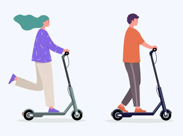 Vector illustration of Woman and man rides an electric scooter. Concept modern lifestyle with electric transport, rental service.