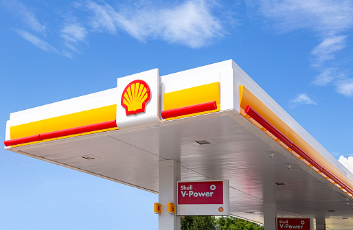Samara, Russia - July 2, 2021: Shell gas station in sunny day. Shell V-power fuel station. Royal Dutch Shell is an Anglo-Dutch multinational oil and gas company
