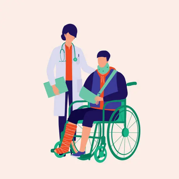 Vector illustration of Female Doctor Talking To Injury Patient. Physical Injury Concept. Vector Illustration.