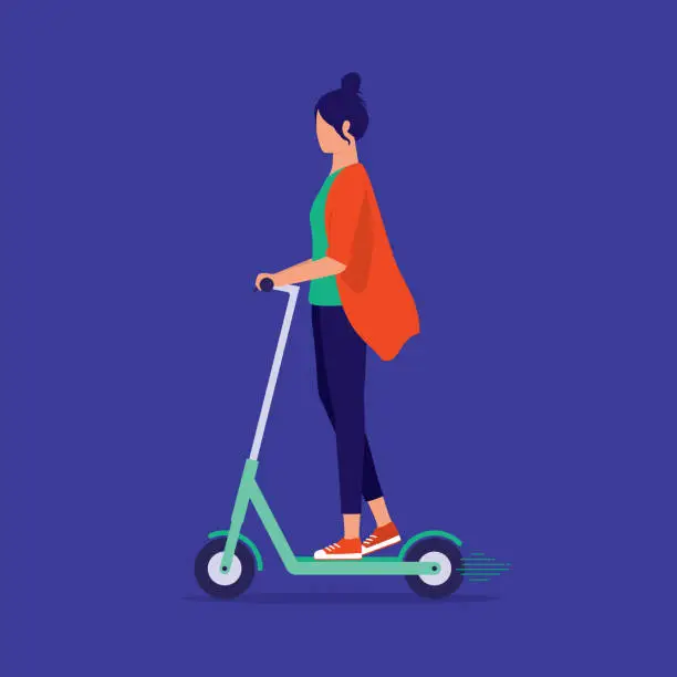 Vector illustration of Young Woman Riding An Electric Scooter. Urban Transportation Concept. Vector Illustration.