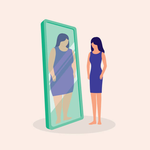 Thin Girl Looking At Her Fat Reflection In Mirror. Anorexia Nervosa Concept. Vector Illustration. Young Skinny Woman Seeing Herself Overweight In Mirror. body conscious stock illustrations