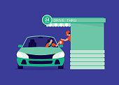 Customer In Car Collecting Food From Waitress At The Drive-Thru Restaurant. Vector Illustration.
