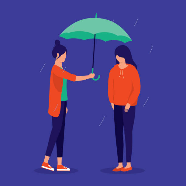 Woman Caring For Her Friend Who Is Feeling Under The Weather. Friendships And Support Concept. Vector Illustration. Girl Sharing Her Umbrella With Her Sad Friend. a helping hand illustrations stock illustrations