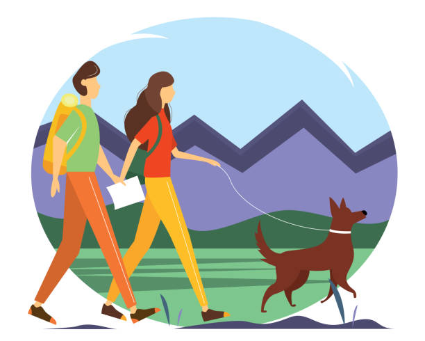 junges paar mit rucksäcken, die karte und der hund wandern durch die berge. konzeptionelle illustration von wandern, outdoor-erholung und aktivem leben. vektor-illustration im flachen stil. - inhabit stock-grafiken, -clipart, -cartoons und -symbole