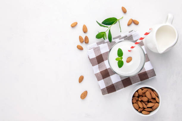 istock Alternative milk almond milk, top view, copy space. 1326769116