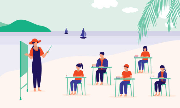 Group Of Students Having Class At The Beach. Remote Learning Or Schoolcations Concept. Vector Illustration. Female Teacher Teaching At The Island Beach. field trip clip art stock illustrations