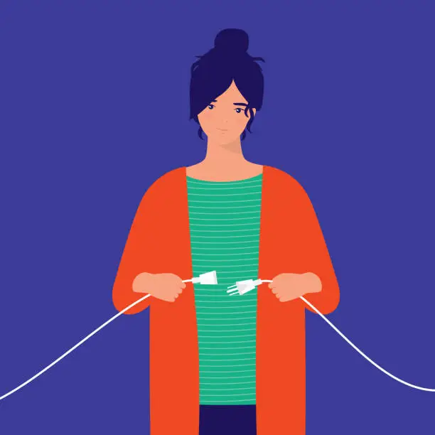 Vector illustration of Young Woman Unplug Power Cord. Energy Saving Concept. Vector Illustration.