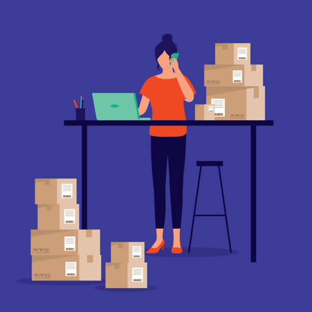 Female Small Business Owner. Business Concept. Vector Illustration. Woman Owner Of Small Business Preparing Package For Delivery. small business owner stock illustrations