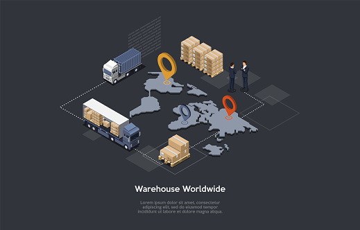 Cartoon Style 3D Illustration On Dark Background With Objects And Characters. Conceptual Isometric Vector Design. Warehouse Worldwide Production And Trade. Factory Business Process, Logistic Means.