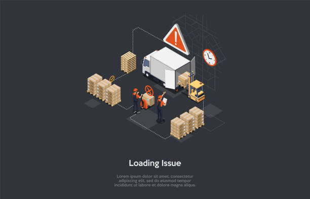 Loading Issue, Warehouse Trade Process, Cargo Problem Or Delay Of Delivery Concept Vector Illustration With Writing. Isometric Composition, Cartoon 3D Style. Store Or Factory Workers, Infographics. Loading Issue, Warehouse Trade Process, Cargo Problem Or Delay Of Delivery Concept Vector Illustration With Writing. Isometric Composition, Cartoon 3D Style. Store Or Factory Workers, Infographics forklift machine stock illustrations