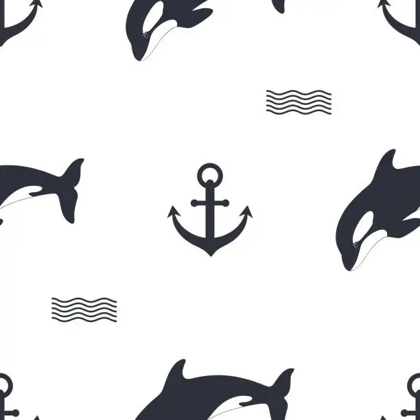 Vector illustration of vector graphic seamless pattern with black whale-02