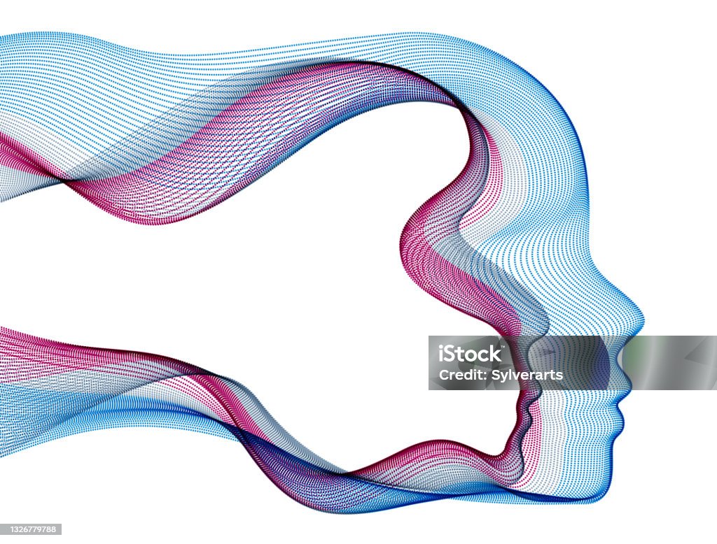 Futuristic idea of digital software soul of machine, spirit of technocratic time evolution period, human head vector illustration made of dotted particle flow array. Artificial Intelligence stock vector