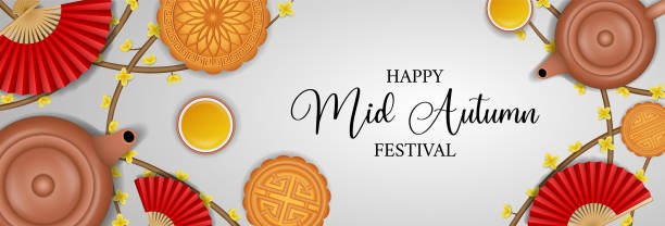 Chinese mid autumn festival banner with teapots and mooncakes Chinese mid autumn festival banner with teapots and mooncakes vector moon cake stock illustrations
