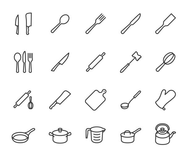 vector set of kitchen utensils line icons. contains icons knife, spoon, fork, frying pan, saucepan, rolling pin, kettle and more. pixel perfect. - rolling fork 幅插畫檔、美工圖案、卡通及圖標
