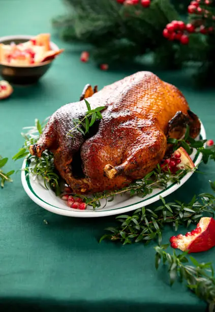 Roasted goose with delicious caramelized crust, served with pomegranate on a Christmas table, winter festive meal recipe idea