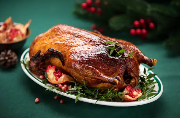 Roasted goose with delicious caramelized crust, served with pomegranate on a Christmas table, winter festive meal recipe idea