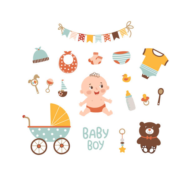 Vector set with a baby boy, baby care accessories, clothes, toys.  Isolated vector illustration. Vector set with a baby boy, baby care accessories, clothes, toys.  Isolated vector illustration. Perfect for prints, calendar, sticker, invitation, baby shower, children clothes, poster. newborn horse stock illustrations