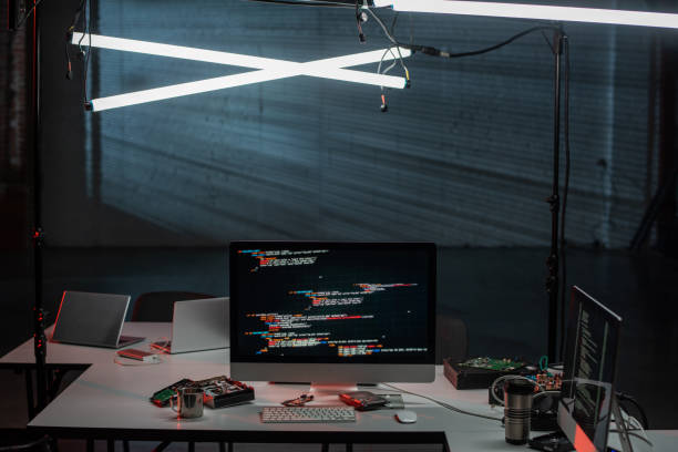 istock Workplace with computer monitor, keypad and laptops 1326785817