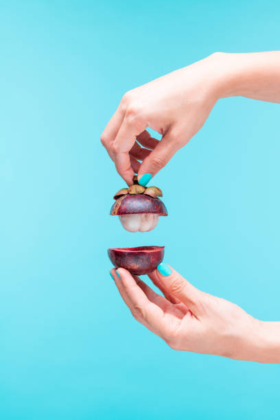 istock Hands showing inside mangosteen on bright blue background. 1326785944