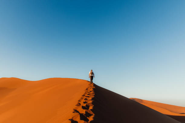 Man traveler enjoying the scenic sunrise from top of the dune at Sossuvlei, Namibia stock photo