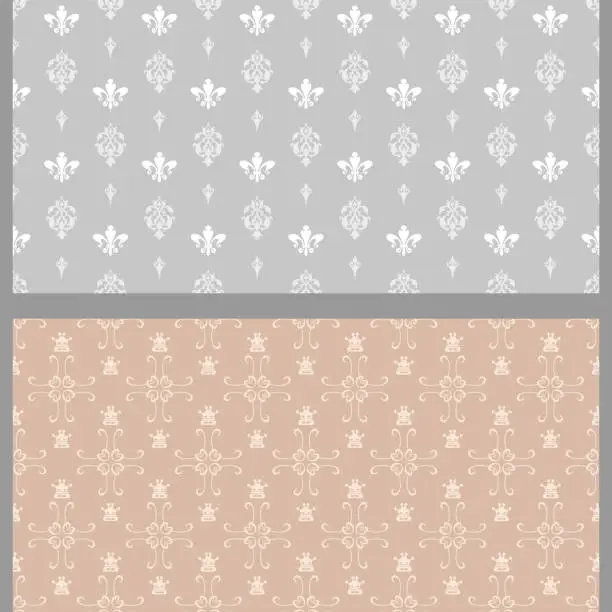 Vector illustration of Vector set of background patterns in Asian style with decorative elements, wallpaper. Seamless pattern, texture. Colors used: white, gray, brown