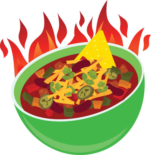 delicous ogień załadowany chili con carne bowl ser meksykański ilustracja kreskówka wektorowa - texmex stock illustrations