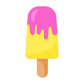 istock Pink and yellow ice cream, vector illustration in flat style. Refreshment ice cream on stick. Summer dessert. Positive print for textile, web, cards, design and decor. Fruit or berry ice cream bar 1326794951
