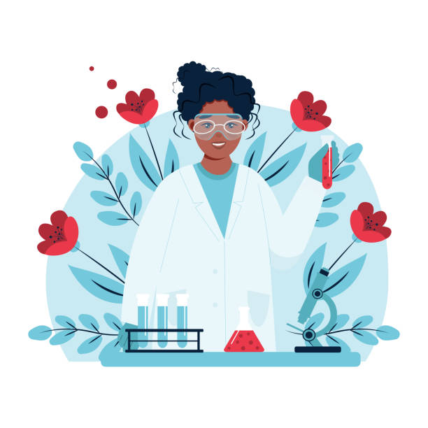 illustrazioni stock, clip art, cartoni animati e icone di tendenza di la dottoressa in uniforme medica bianca fa esami del sangue e tiene una provetta nelle sue mani. scienziata che conduce esperimenti in laboratorio.  trucchi sanitari o concetto di assicurazione medica. illustrazione vettoriale catroon flat. n"n - catroon