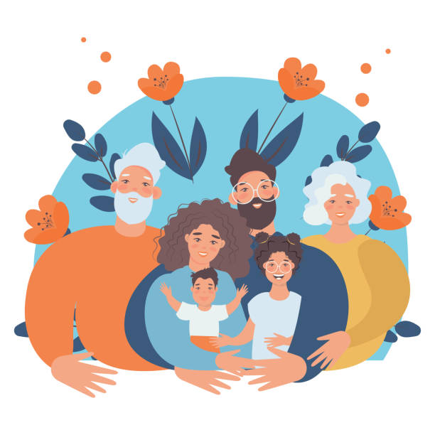 illustrazioni stock, clip art, cartoni animati e icone di tendenza di famiglia felice con bambini - salute familiare e benessere - moderno concetto vettoriale piatto illustrazione digitale di una famiglia felice di genitori e bambini. buon family day"n"n - multi generation family illustrations