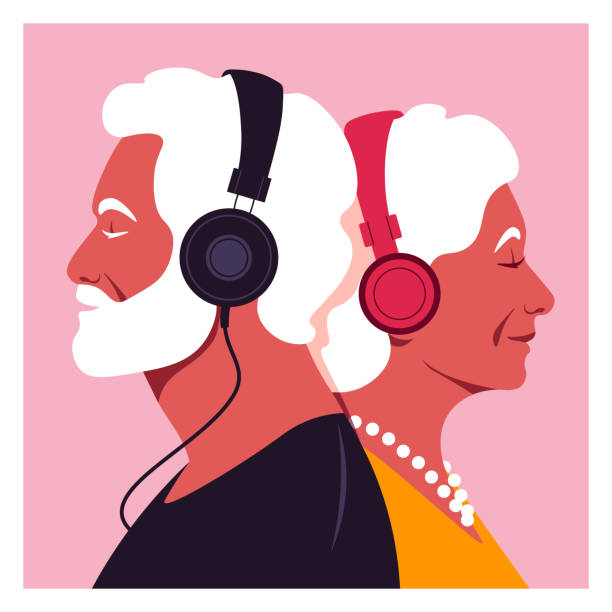 Elderly people listen to music on headphones. Elderly people listen to music on headphones. Music therapy. Grandparents profiles. Vector flat illustration listening illustrations stock illustrations