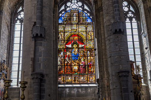 ghent, belgium, july 31, 2014 : stained glass details of Saint Nicholas' Church