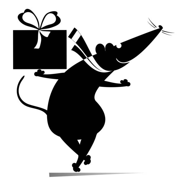 Cartoon rat or mouse holds a present box with ribbon illustration Funny rat or mouse with a gift celebrating birthday or important event black on white opossum silhouette stock illustrations