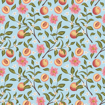 Beautiful seamless pattern with peach, flowers and branch. Colorful hand drawn vector. Texture for print, fabric, textile, wallpaper.