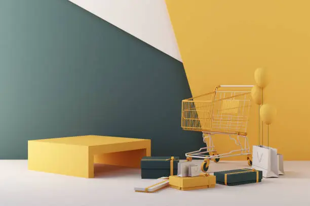 Photo of Supermarket shopping cart surrounding by giftbox and geometric shape on green and yellow background. 3d rendering